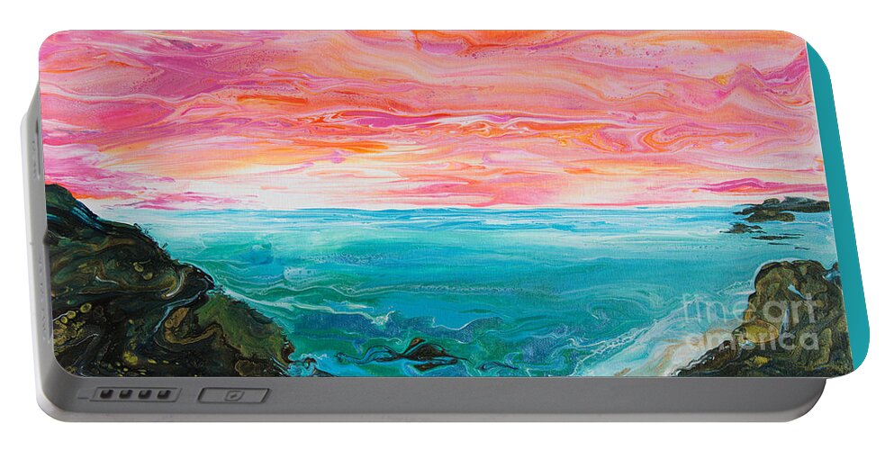Sunset-sky Tropical-waters Ocean Portable Battery Charger featuring the painting Tropical Ocean 5303 by Priscilla Batzell Expressionist Art Studio Gallery