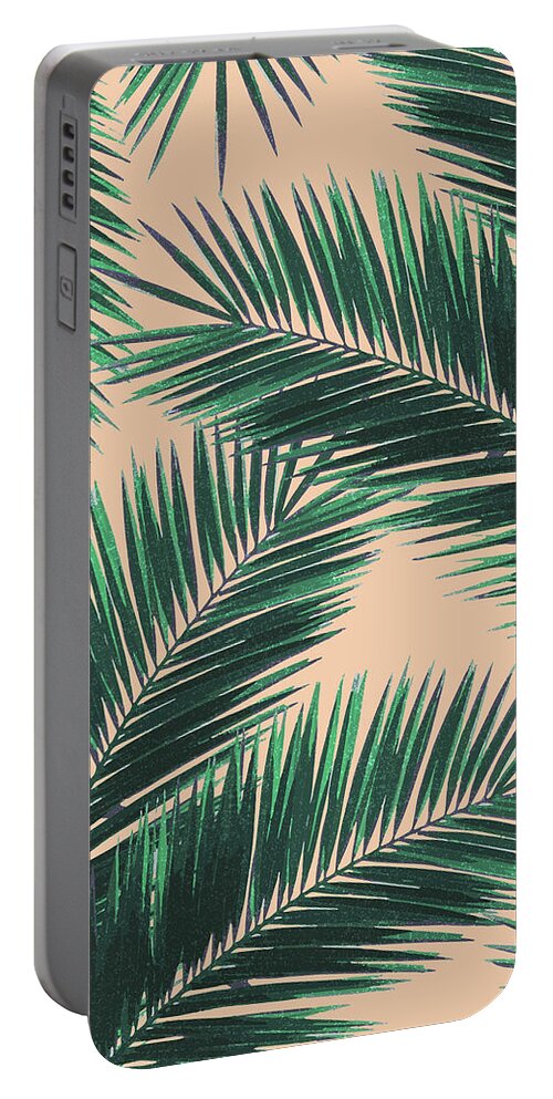 Tropical Palm Leaf Portable Battery Charger featuring the mixed media Tropical Palm Leaf Pattern 4 - Tropical Wall Art - Summer Vibes - Modern, Minimal - Green, Peach by Studio Grafiikka
