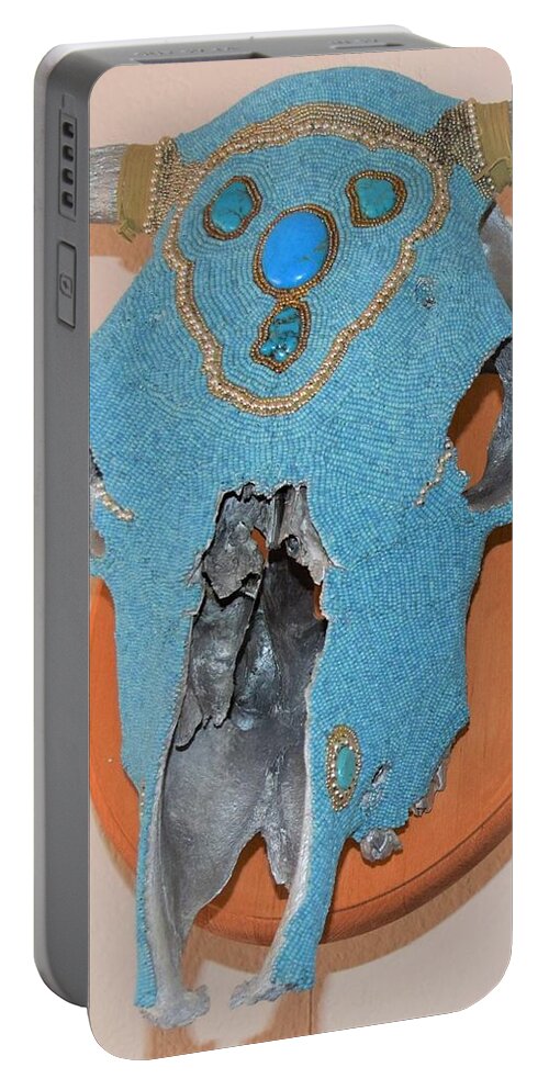 Skull Portable Battery Charger featuring the mixed media Turquoise Skull by Charla Van Vlack