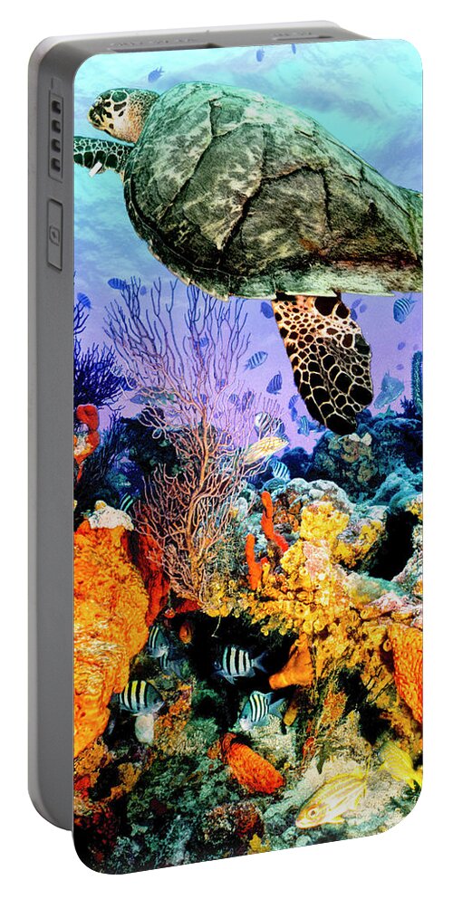 Cove Portable Battery Charger featuring the photograph Turtle at the Reef Deep Colors by Debra and Dave Vanderlaan