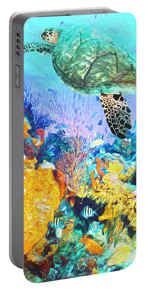Atlantic Portable Battery Charger featuring the photograph Turtle at the Reef Oil Painting by Debra and Dave Vanderlaan