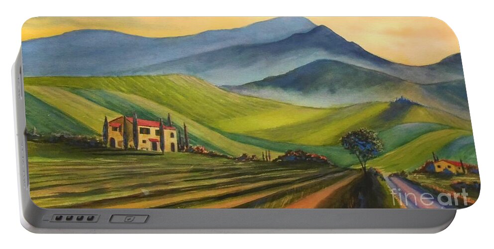 Landscape Portable Battery Charger featuring the painting Tuscan Fields by Petra Burgmann