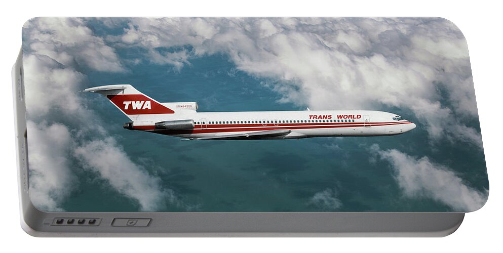 Trans World Airlines Portable Battery Charger featuring the mixed media TWA Boeing 727 Above the Clouds by Erik Simonsen