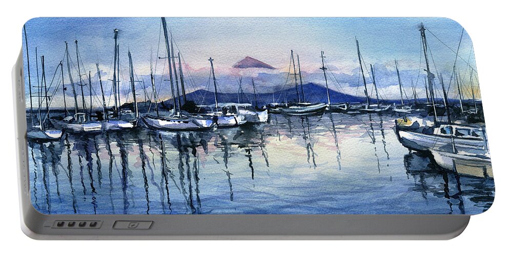 Marina Portable Battery Charger featuring the painting Twilight at Horta Azores by Dora Hathazi Mendes