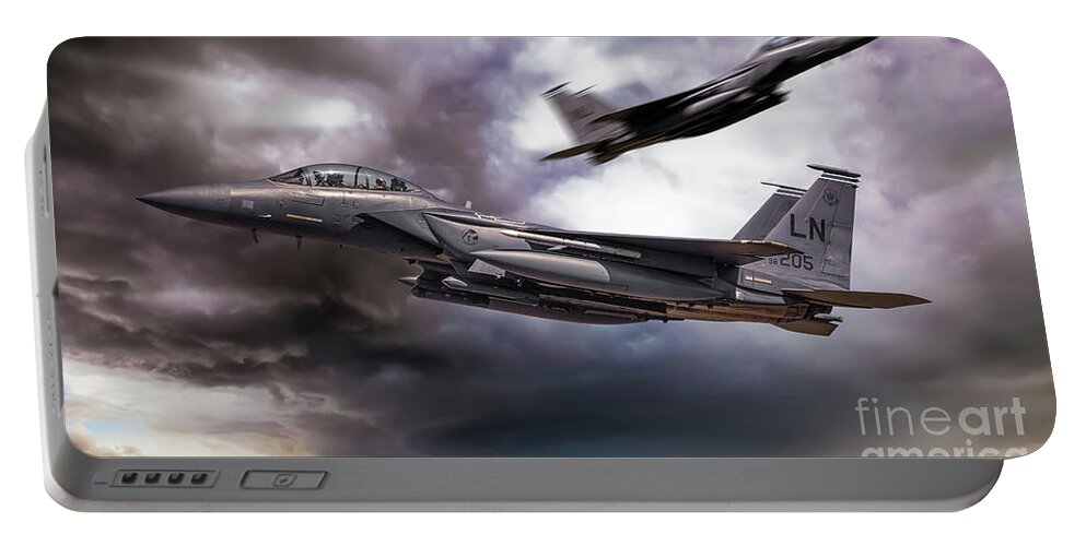 F15 Portable Battery Charger featuring the digital art Two F-15E Strike Eagle passing in storm clouds by Simon Bratt