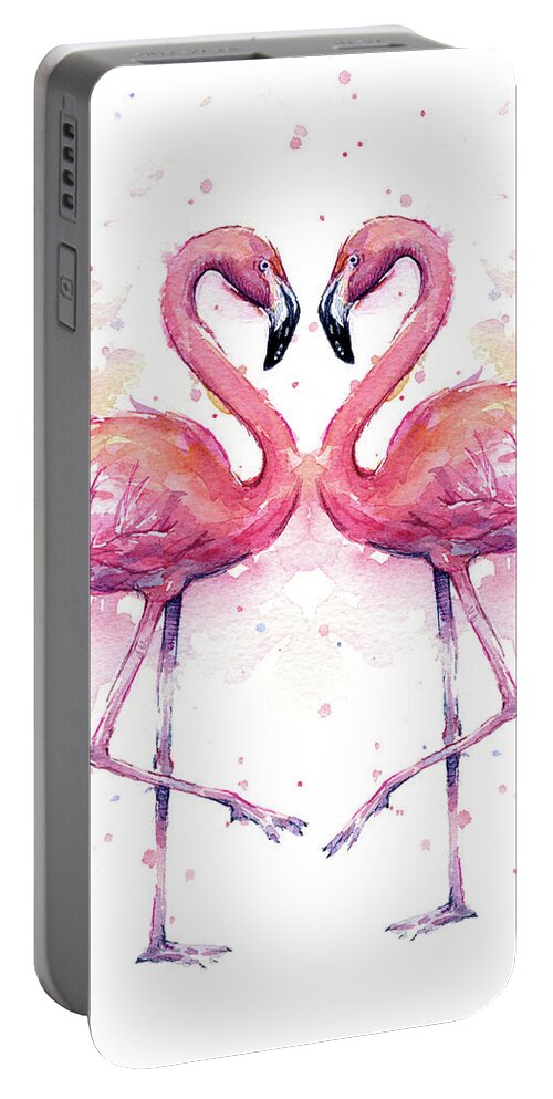 Flamingo Portable Battery Charger featuring the painting Two Flamingos In Love Watercolor by Olga Shvartsur