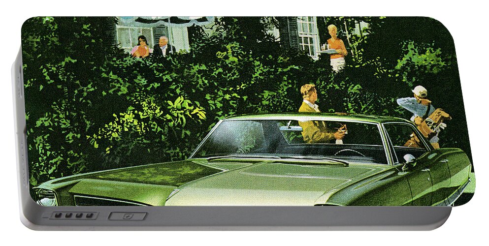 Auto Portable Battery Charger featuring the drawing Two Men With Vintage Green Car by CSA Images