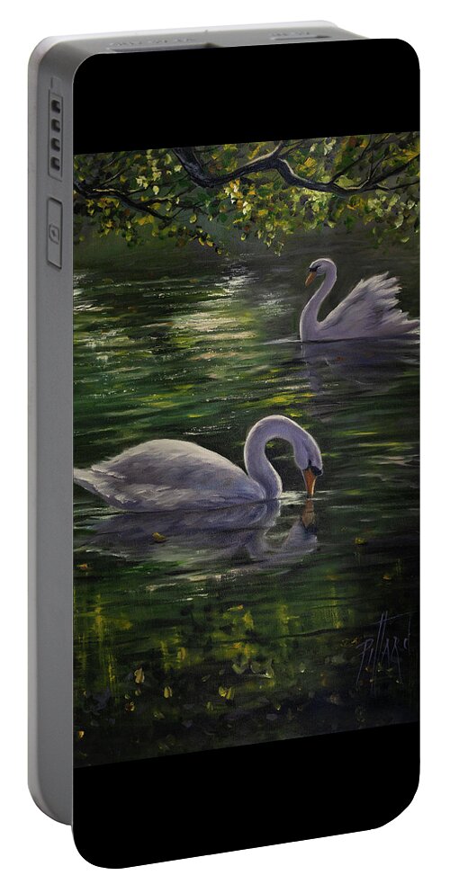 Two Swans Portable Battery Charger featuring the painting Serenity Swans by Lynne Pittard