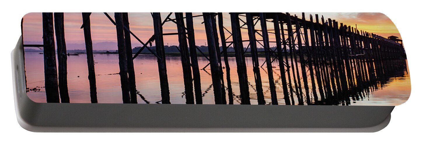 Bridge Portable Battery Charger featuring the photograph U Bein bridge at sunrise by Ann Moore