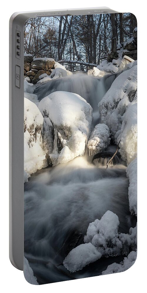 Winter Snow Ice Freezing Cold Outside Outdoors Nature River Stream Brook Ma Mass Massachusetts Brian Hale Brianhalephoto New England Newengland Usa U.s.a. Water Waterfall Falls Sky Woods Secluded Secret Long Exposure Portable Battery Charger featuring the photograph Upper falls - arctic by Brian Hale