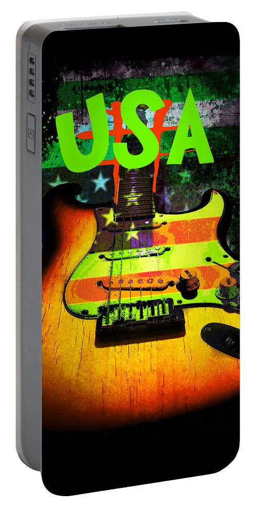 Guitar Portable Battery Charger featuring the digital art USA Strat Guitar Music Green Theme by Guitarwacky Fine Art