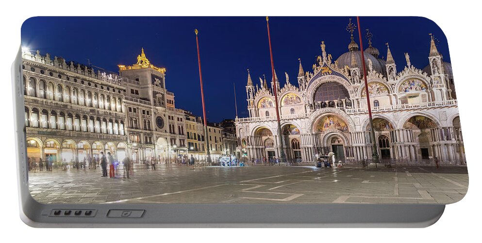Piazza San Marco Portable Battery Charger featuring the photograph Venice Italy Night Magic - Saint Mark Square Piazza San Marco Blue Midnight by Georgia Mizuleva
