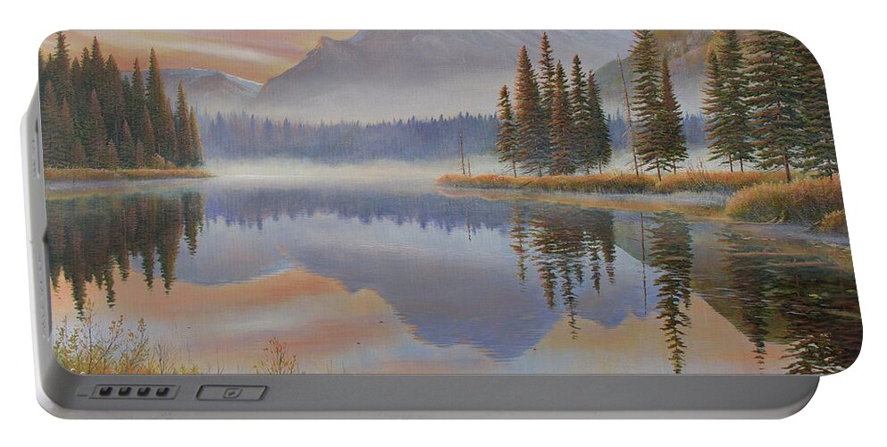 Jake Vandenbrink Portable Battery Charger featuring the painting Vermillion Sunrise by Jake Vandenbrink