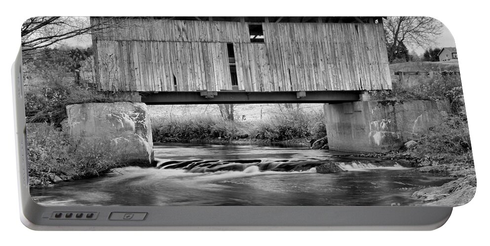 Scribner Covered Bridge Portable Battery Charger featuring the photograph Vermont Mudgett Covered Bridge Black And White by Adam Jewell