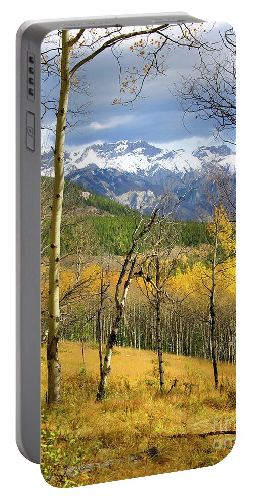 Mountain Portable Battery Charger featuring the photograph vertical yellow fall autumn leaves Quaking Aspen trees forest grove snowy mountain peaks landscape by Robert C Paulson Jr