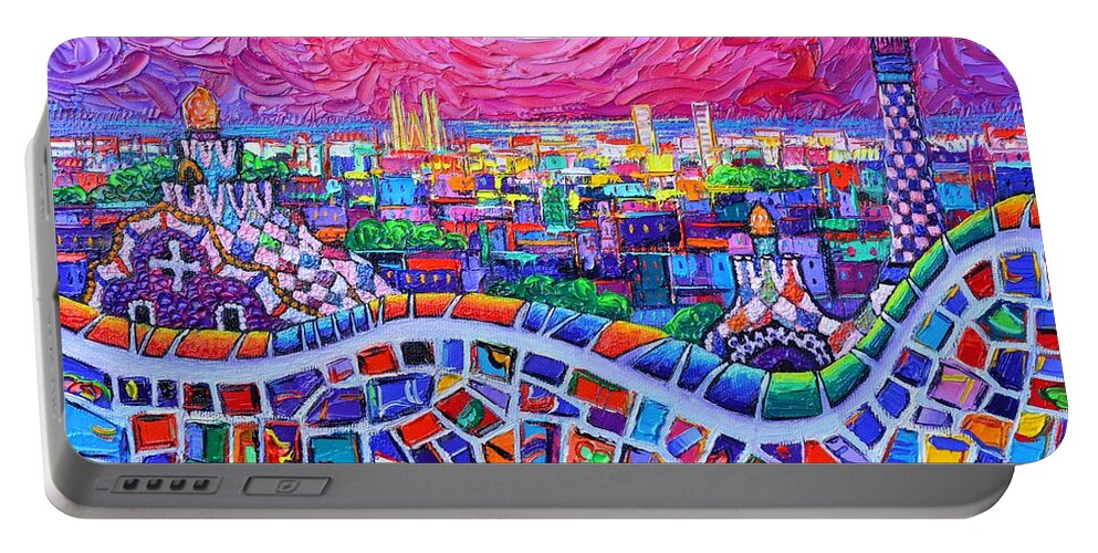 Barcelona Portable Battery Charger featuring the painting VIBRANT BARCELONA NIGHT VIEW FROM PARK GUELL modern impressionism knife painting Ana Maria Edulescu by Ana Maria Edulescu