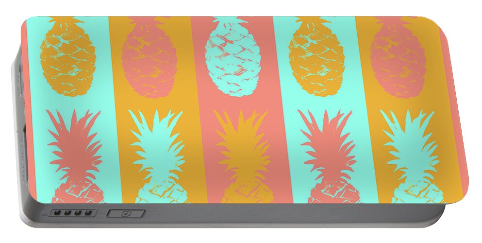 Vibrant Portable Battery Charger featuring the mixed media Vibrant Pineapples Fiesta by Julie Derice