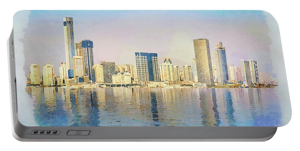 Painting Portable Battery Charger featuring the digital art Water color of skyline of the city of Xiamen with reflections by Steven Heap