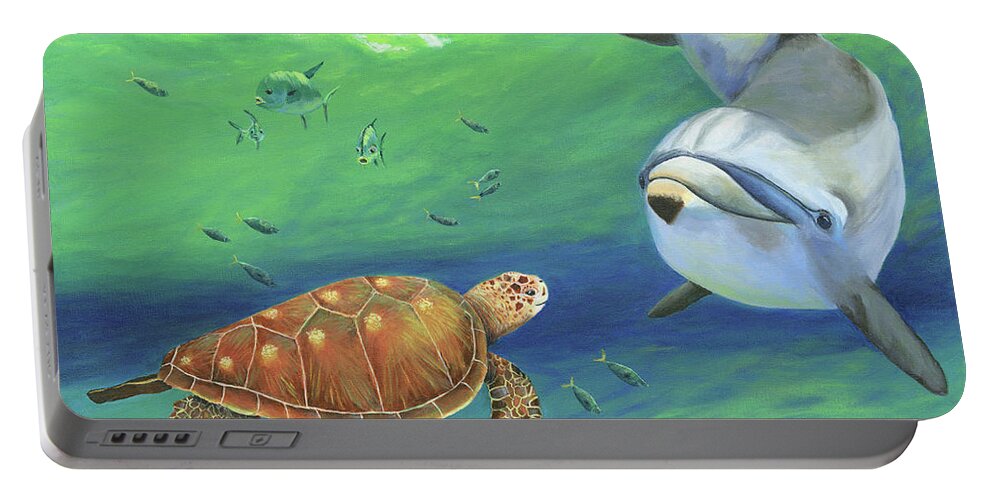 Coastal Portable Battery Charger featuring the painting Water Cooler Visit by Donna Tucker