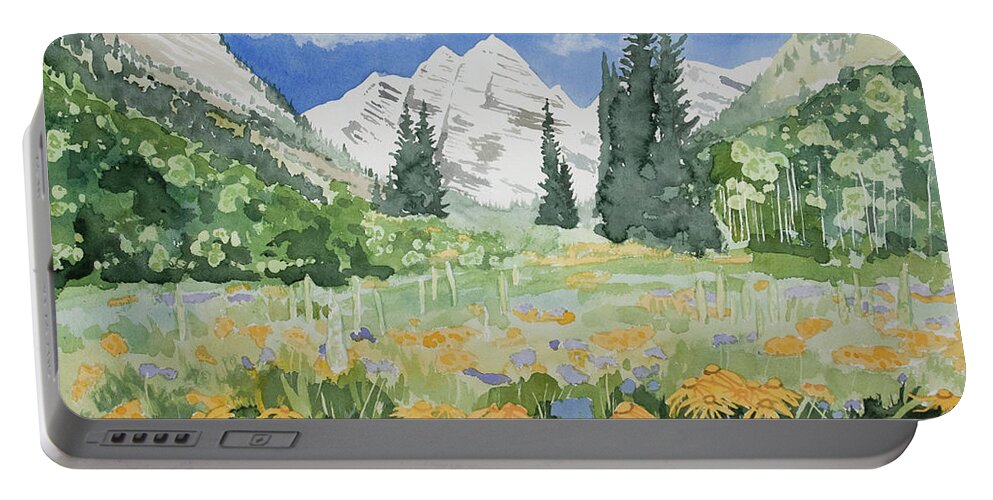 Landscape Portable Battery Charger featuring the painting Watercolor- Maroon Bells Summer Landscape by Cascade Colors