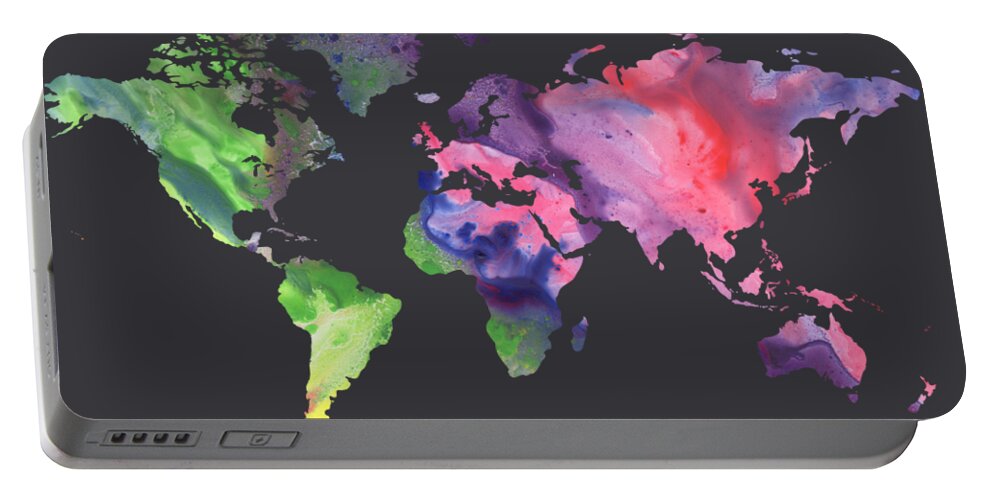 Green Portable Battery Charger featuring the painting Watercolor Silhouette World Map Colorful PNG X by Irina Sztukowski