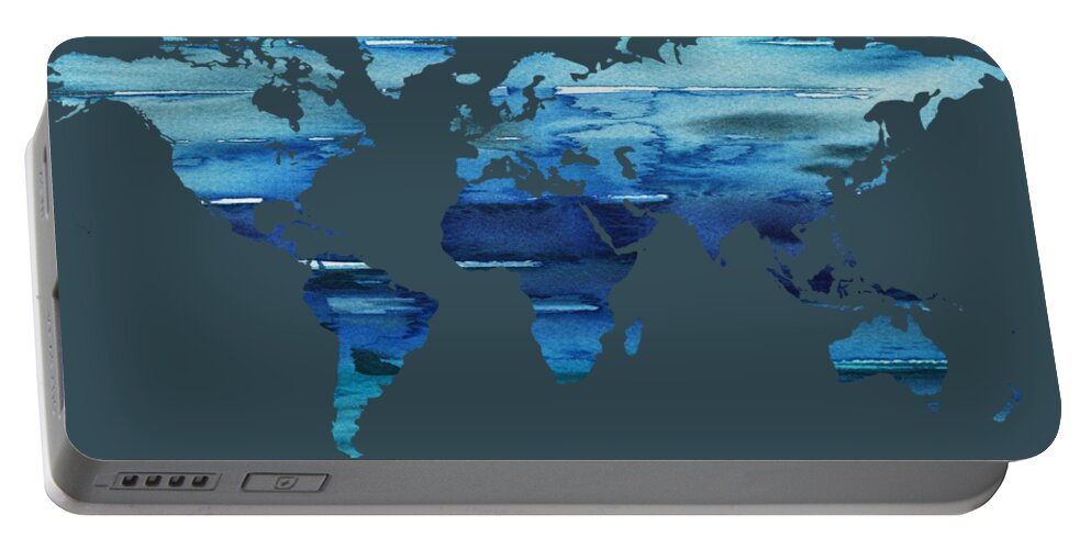 Blue Portable Battery Charger featuring the painting Watercolor Silhouette World Map Colorful PNG XIX by Irina Sztukowski