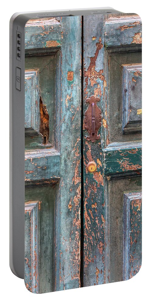 Cortona Portable Battery Charger featuring the photograph Weathered Rustic Green Door of Cortona by David Letts