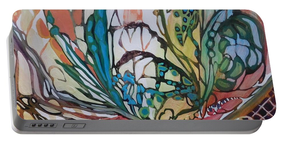 A Rainbow Of Color Is Woven Through This Whimsical Painting Which Is Designed To Bring You To Your Happy Place If You Just Allow Your Imagination To Lead The Way. Portable Battery Charger featuring the painting Webs and Wings by Joan Clear