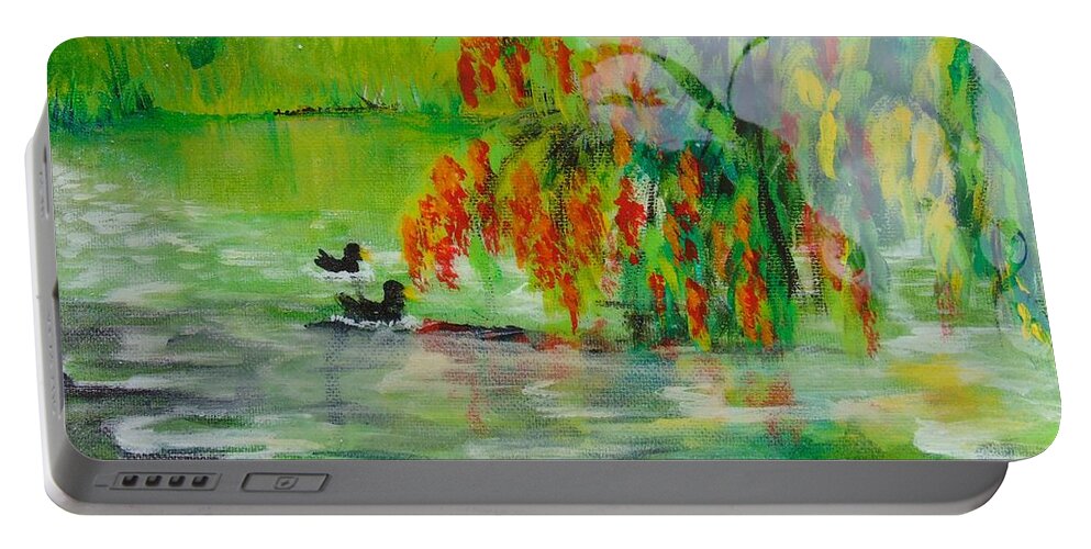 Lake Portable Battery Charger featuring the painting Weeping Bottlebrush by Saundra Johnson