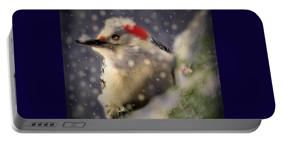 Redbellied Woodpecker Portable Battery Charger featuring the mixed media Welcome Winter by Angela Davies