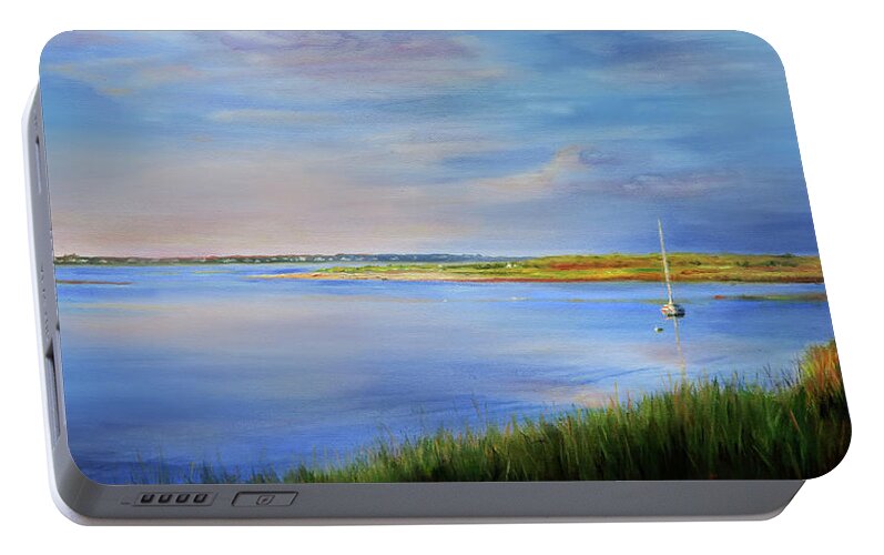Cape Cod Portable Battery Charger featuring the painting West Bay Landing, Osterville, late afternoon by Jonathan Gladding