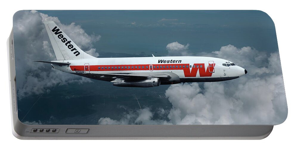 Western Airlines Portable Battery Charger featuring the mixed media Western Airlines Boeing 737-247 by Erik Simonsen
