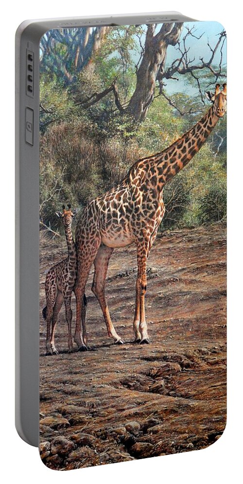 Alan M Hunt Portable Battery Charger featuring the painting What are the looking at? Giraffes by Alan M Hunt