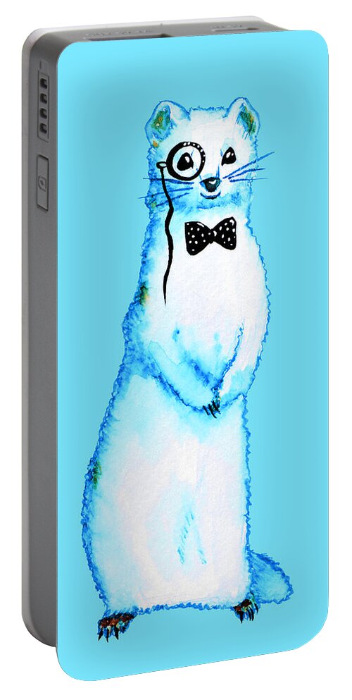 Hipster Portable Battery Charger featuring the mixed media White Ferret Hipster With Monocle And Bow Tie / Watercolor Drawing by Boriana Giormova