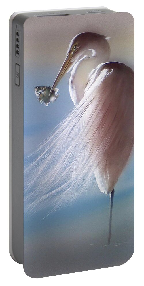Russian Artists New Wave Portable Battery Charger featuring the painting White Heron with Fish by Alina Oseeva