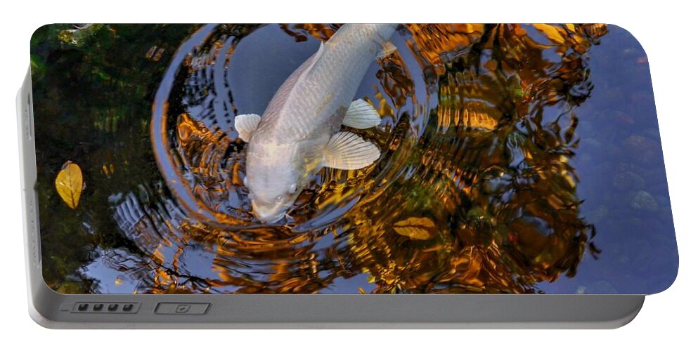 Koi Portable Battery Charger featuring the photograph White Koi on Gold by Peter Mooyman