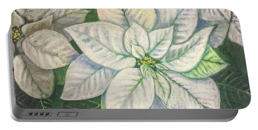 Eugene Portable Battery Charger featuring the painting White Poinsettia by Tara D Kemp