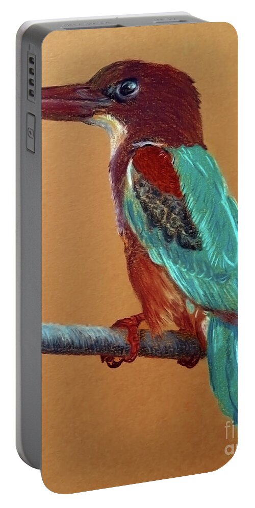 Kingfisher Portable Battery Charger featuring the painting White Throated Kingfisher by Jasna Dragun
