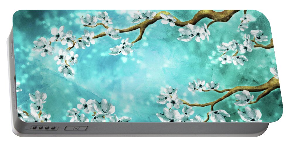 Tranquility Blossoms Portable Battery Charger featuring the digital art Tranquility Blossoms - Winter White and Blue by Laura Ostrowski