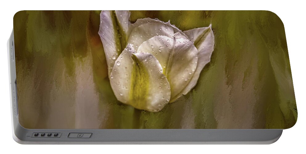 White Tulip After Rain Portable Battery Charger featuring the mixed media White Tulip After Rain #i7 by Leif Sohlman