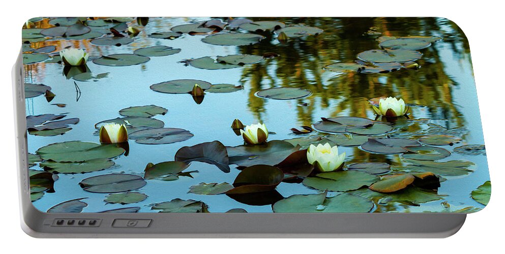 Lily Pond Portable Battery Charger featuring the photograph White Water Lilies on Pond by Bonnie Follett