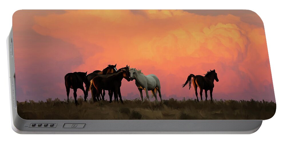 Horses Portable Battery Charger featuring the mixed media Wild Horse Sunset in Ute Country by Jonathan Thompson