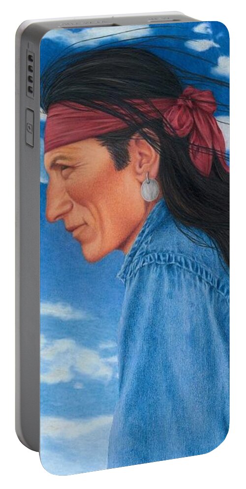 Native American Portrait. American Indian Portrait. Navajo Portrait. Portable Battery Charger featuring the painting Wind in His Hair by Valerie Evans