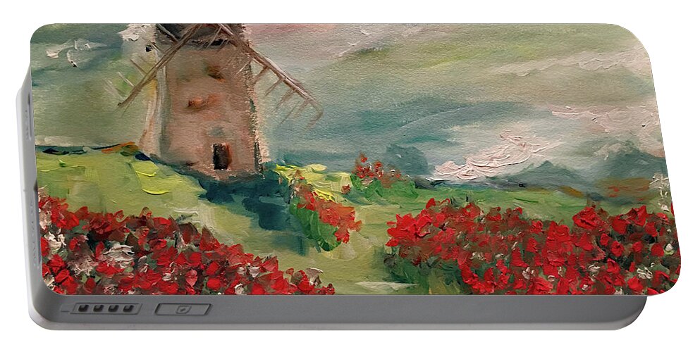 Windmill Portable Battery Charger featuring the painting Windmill in a Poppy Field by Roxy Rich