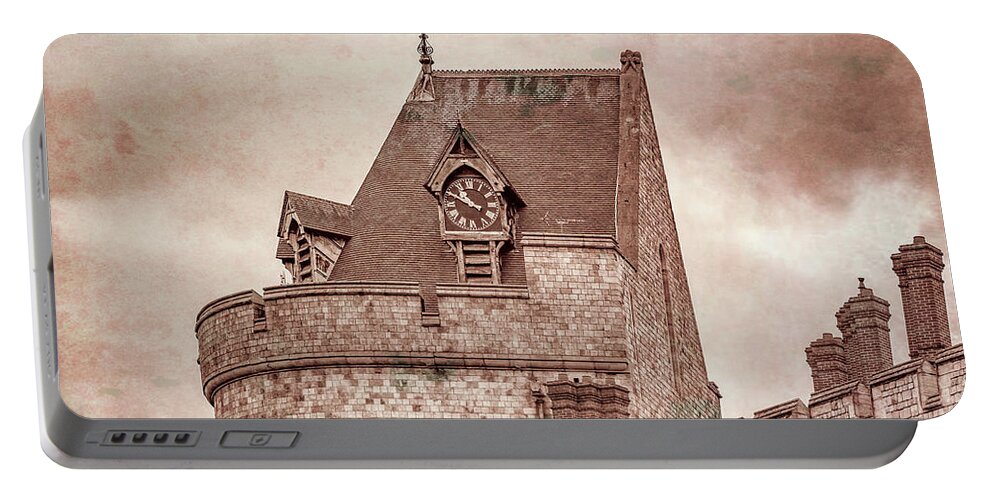 Windsor Portable Battery Charger featuring the photograph Windsor Castle Clock Tower, Antiqued Version by Marcy Wielfaert