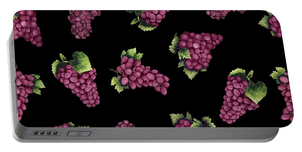 Wine Portable Battery Charger featuring the painting Wine Grapes Pattern A (black) by Mary Beth Baker
