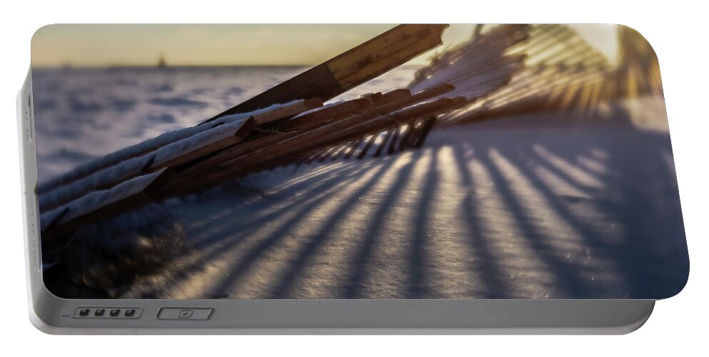 Winter Portable Battery Charger featuring the photograph Winter dunes fence at sunrise by Sven Brogren