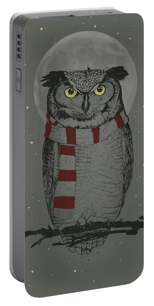 Owl Portable Battery Charger featuring the mixed media Winter owl by Balazs Solti