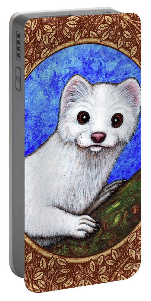 Animal Portrait Portable Battery Charger featuring the painting Winter Weasel Portrait - Brown Border by Amy E Fraser