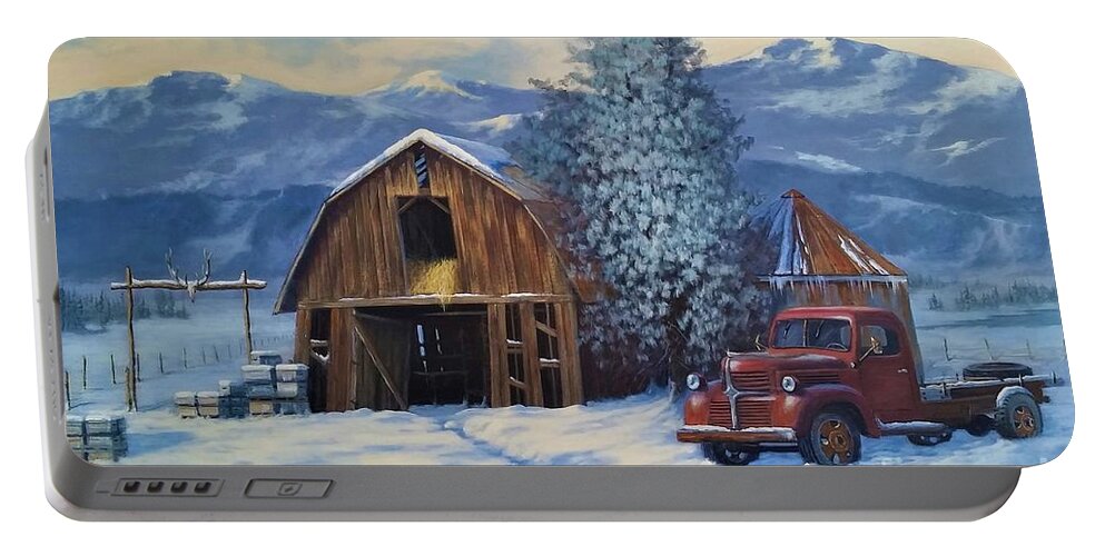 Barn Painting Portable Battery Charger featuring the painting Winters Rest by Paul K Hill